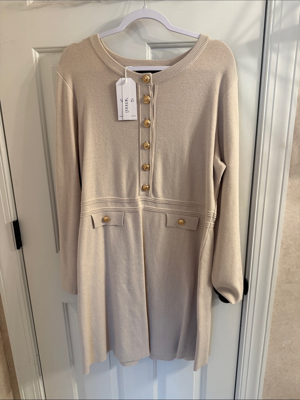 Cream/Tan Long Sleeve Button Front Knit Dress